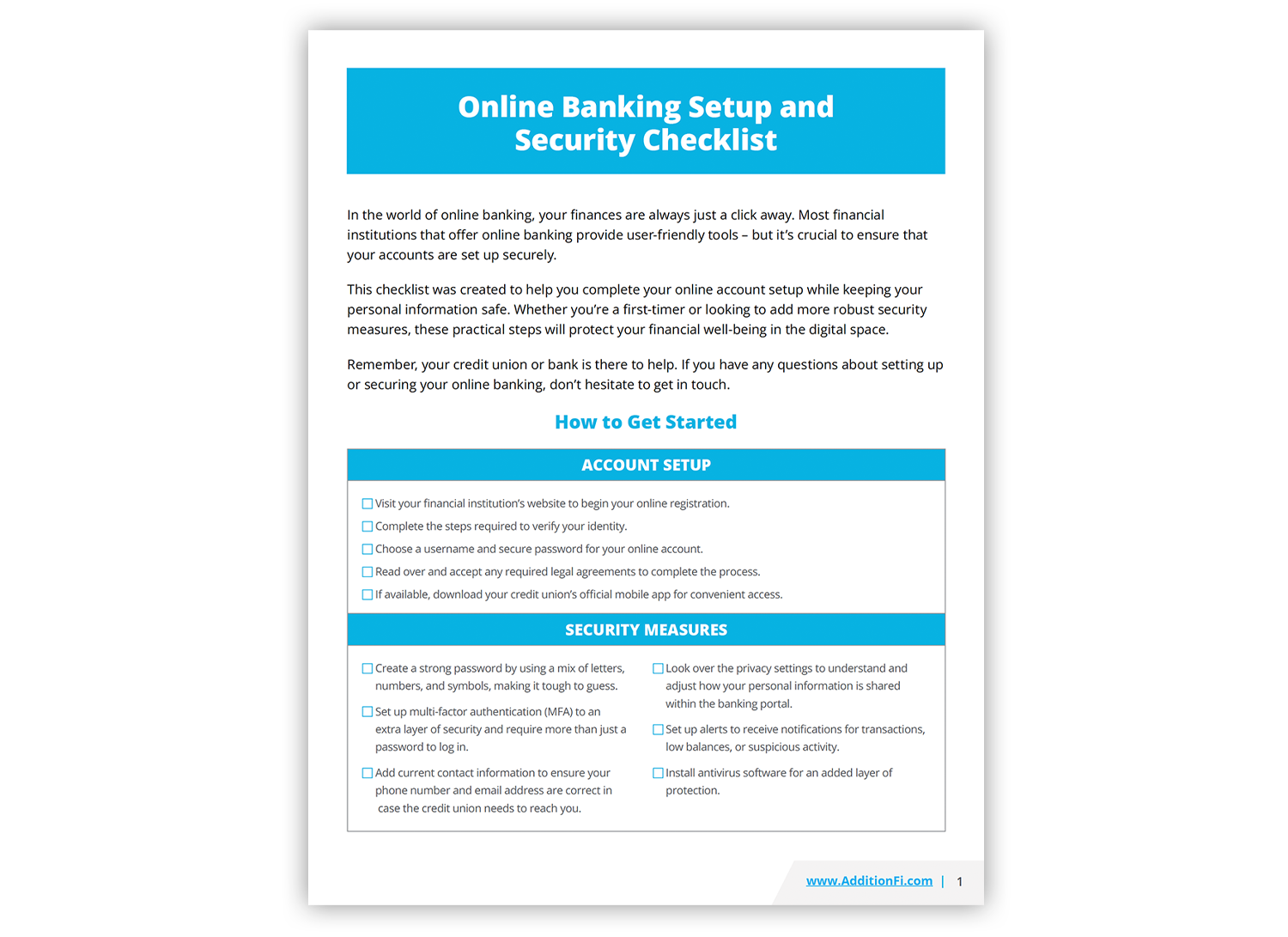 Preview of an online banking setup and security checklist PDF.