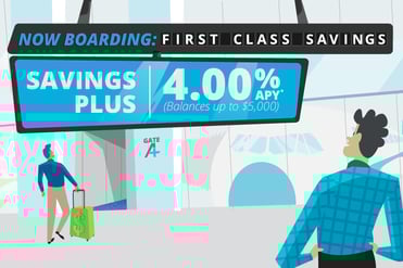 Now boarding: First Class Savings, Savings Plus, 4.00% APY*